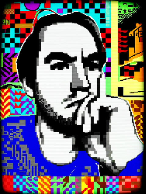 Pixelated portrait of Leif, chin on hand, over a field of saturated pattern blocks.